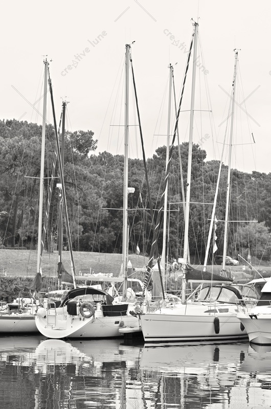 Voiliers au port - image maritime libre de droits à télécharger / Photo noir et blanc de voiliers accostés dans un petit port landais